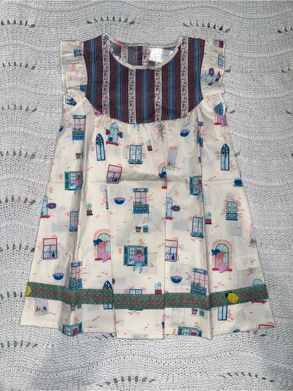 NWT Cream Print Ruffle-Yoke Kids Dress with Green Trim